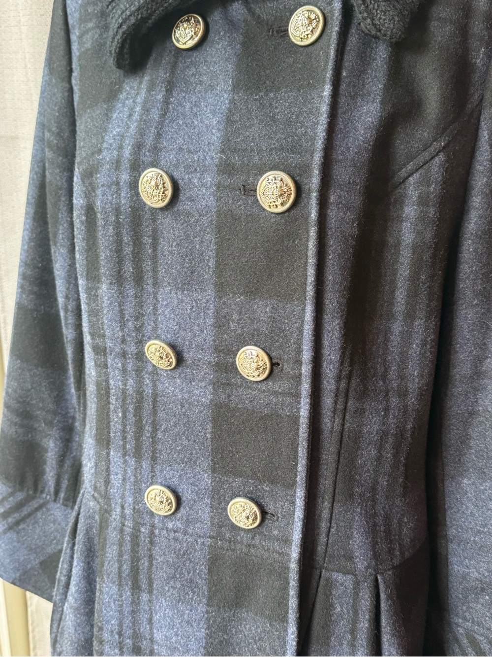 Style & Co. Double-Breasted Plaid Pea Coat in Navy and Black wool blend medium - Picture 2 of 6